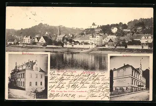 AK Wehlen /Sächs. Schweiz, Strassenpartie mit Rathaus, Schule, Ortsansicht vom Wasser aus