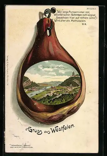 Passepartout-Lithographie Porta Westfalica, Panoramablick aus einem Schinken