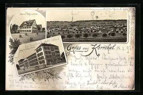 Lithographie Kornthal / Württ., Teilansicht, Höheres Töchterinstitut, Zweites Töchterinstitut