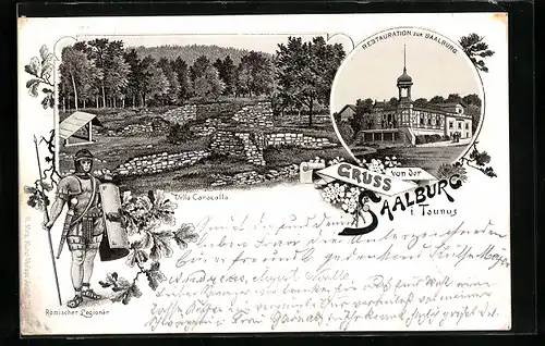 Vorläufer-Lithographie Saalburg i. Taunus, 1895, Restaurant zur Saalburg, Vilal Caracalla, Römischer Legionär