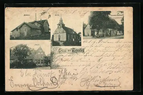 AK Wagenfeld, Schröders Gasthaus, Molkerei, Schule