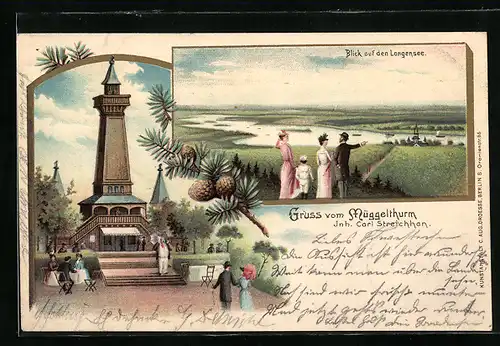 Lithographie Berlin-Köpenick, Gasthaus Müggelturm v. C. Streichhan, Blick auf den Langensee