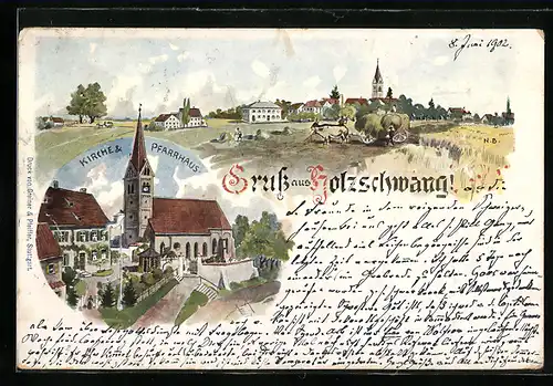 Lithographie Holzschwang, Kirche & Pfarrhaus, Ortspartie u. Bauern mit Ochsengespann