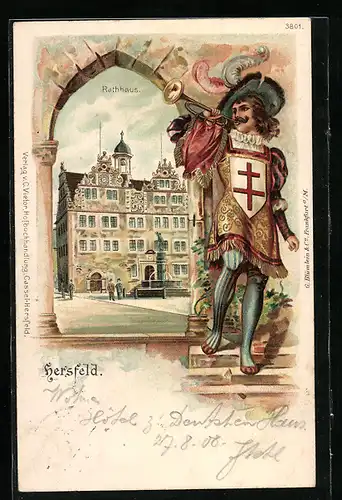 Passepartout-Lithographie Hersfeld, Brunnen am Rathaus, Musiker des Hofes mit Wappen und Trompete
