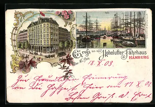 Lithographie Hamburg-Hoheluft, Hotel Hohelufter Fährhaus, Hafen