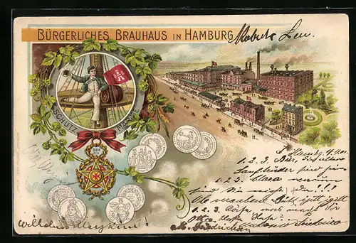 Lithographie Hamburg-Eilbek, Brauerei Bürgerliches Brauhaus, Mann mit Bierkrug
