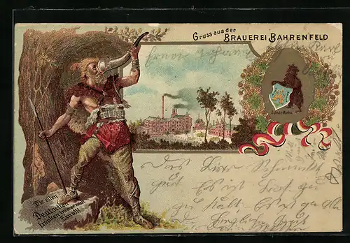 Lithographie Hamburg-Bahrenfeld, Brauerei Bahrenfeld, Germane trinkt aus einem Horn, Wappen