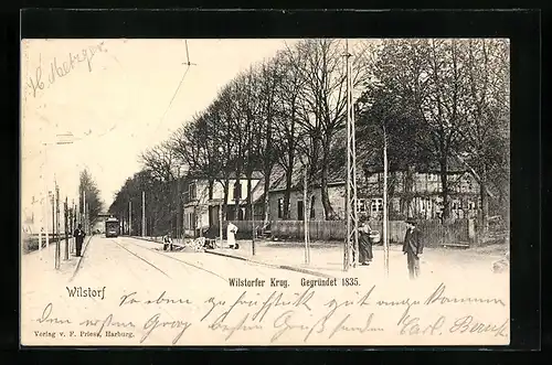 AK Hamburg-Wilstorf, Gasthaus Wilstorfer Krug mit Strassenbahn