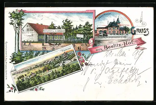Lithographie Berlin-Wannsee, Restaurant Beelitz-Hof von H. Krüger, Bahnhof Wannsee