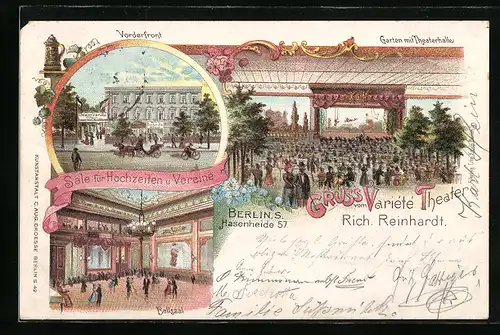 Lithographie Berlin, Variété-Theater Rich. Reinhardt, Hasenheide 57, Inneres Ballsaal, Garten mit Theaterhalle