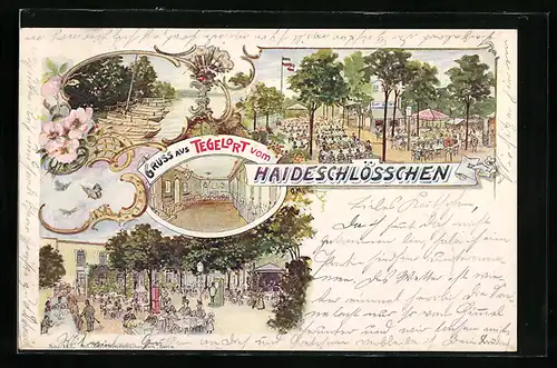 Lithographie Berlin-Tegelort, Gasthaus Haideschlösschen, Innenansicht, Garten