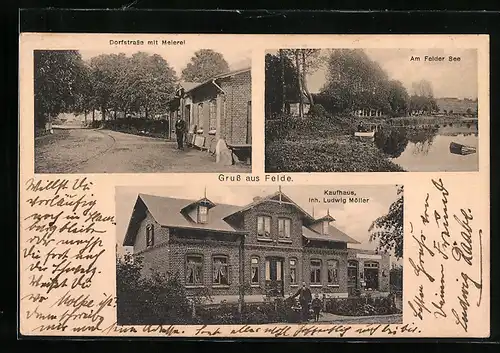 AK Felde / Achterwehr, Kaufhaus Ludwig Möller, Dorfstrasse mit Meierei, Am Felder See