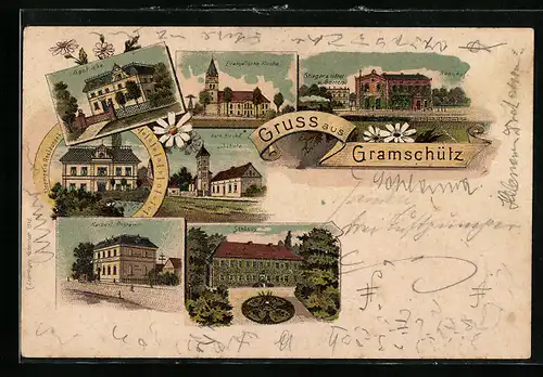 Lithographie Gramschütz, Strempel`s Restaurant, Apotheke, Stieger`s Hotel u. Garten, Bahnhof