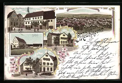 Lithographie Merchingen / Baden, Gesamtansicht, Gasthaus zum Adler, Schloss