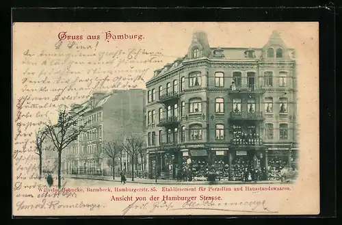 AK Hamburg, Wilhelm Behncke, Barmbek, Hamburgerstr. 85, Etablissement f. Porzellan und Hausstandswaren