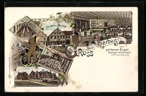 Lithographie Harburg / Elbe, Gasthof zum goldenen Engel, Schlossstrasse 28, Bahnhof