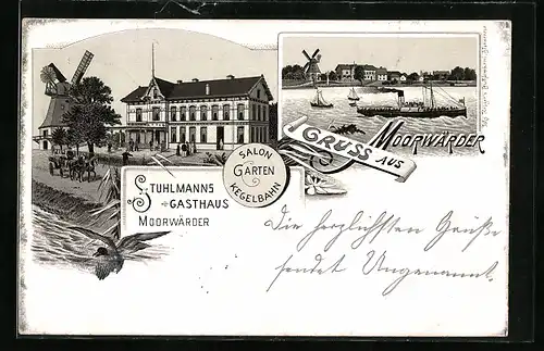 Lithographie Hamburg-Moorwärder, Stuhlmanns Gasthaus und Ortsansicht mit Windmühle