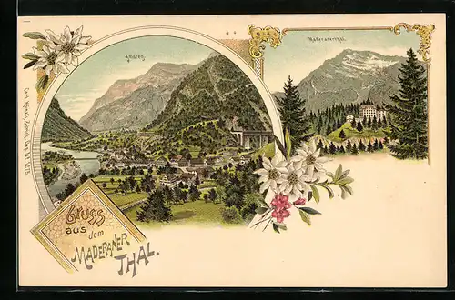 Lithographie Amsteg, Gruss aus dem Maderaner Thal, Ortsansicht, Edelweiss