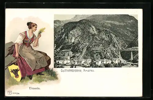 AK Amsteg /Gotthardbahn, Ortsansicht aus der Ferne, Urnerin in Tracht