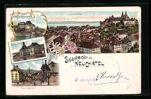 Lithographie Neuchâtel, Hotel des Postes, Place du Marche, Musee des Beaux-Arts