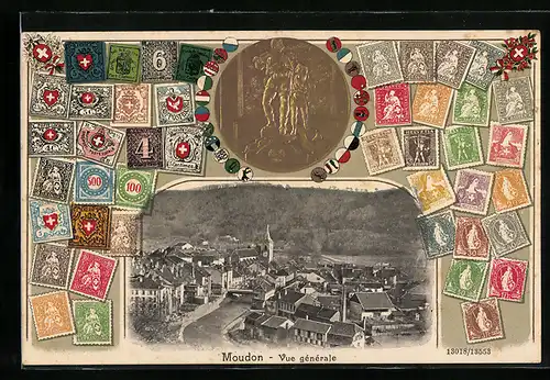 AK Moudon, Vue generale, Briefmarken, Medaille