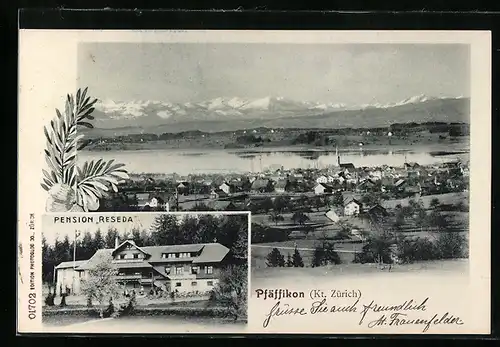 AK Pfäffikon, Pension Reseda, Panorama mit den Bergen im Hintergrund