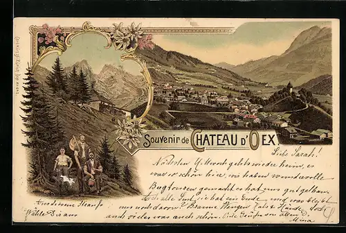 Lithographie Chateau d`Oex, Gesamtansicht, Gebirgspanorama mit Berghütte und Wanderern