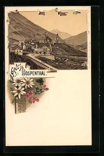 Lithographie Hospenthal, Generalansicht mit Gebirgszügen, Edelweiss