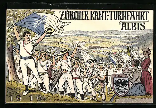 Künstler-AK Adliswil, Züricher Kant.-Turnfahrt Albis 1919, Wappen von Adliswil
