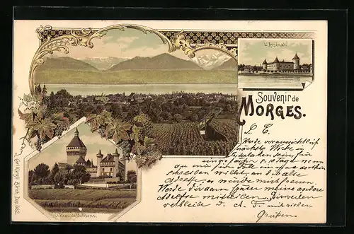 Lithographie Morges, L`arsenal, Weinberge, Chateau de Vufflens