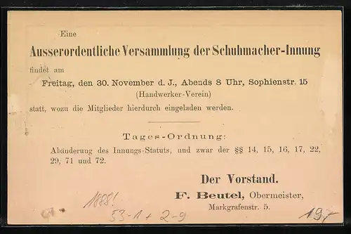 AK Einladung zur Versammlung der Schuhmacher-Innung, 1888, Private Stadtpost Packet-Fahrt