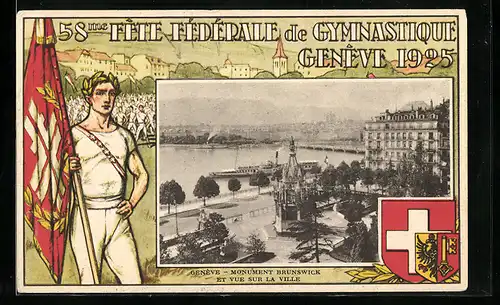 AK Genève, 58 me Fête Fédérale de Gymnastique 1925, Monument Brunswick et vue sur la ville