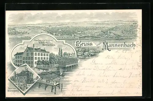 Lithographie Mannenbach, Gasthaus & Pension zum Schiff, Schloss Arenenberg, Teilansicht