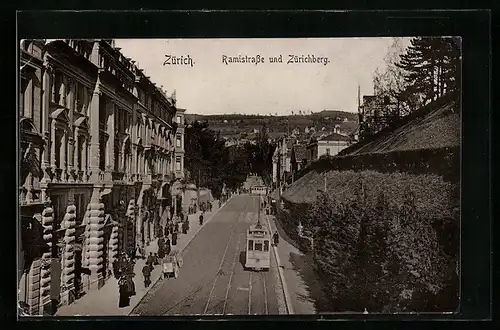 AK Zürich, Ramistrasse und Zürichberg mit Strassenbahn