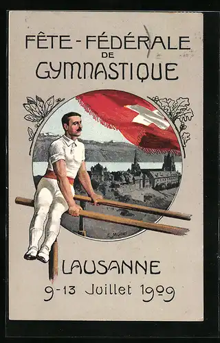 Künstler-AK Lausanne, Fête-Fédérale de Gymnastique 1909, Turner am Barren