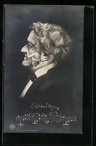 AK Musiker Richard Wagner bestehend aus mythologischen Figuren, Nixe, Kriegerin