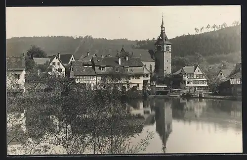 Foto-AK Bad Liebenzell, Ortsansicht mit Wasserpartie