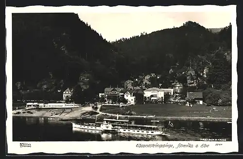 AK Schmilka a. Elbe, Elbsandsteingebirge, Restaurant u. Pension Prüfer, Elbpartie, , Walter Hahn, Dresden