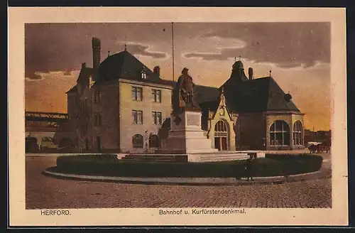 AK Herford, Bahnhof und Kurfürstendenkmal