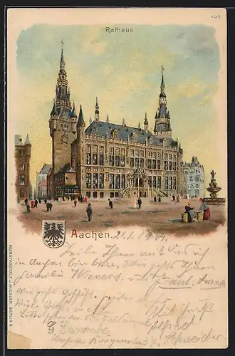 Lithographie Aachen, Rathaus mit Wappen