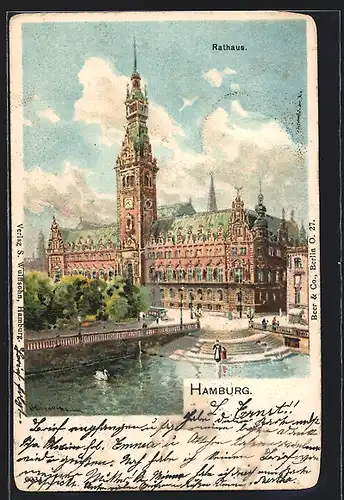 Künstler-AK Hamburg, Rathaus mit Uferpartie