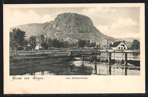 AK Singen / Hegau, Uferpartie, Blick auf den Hohentwiel