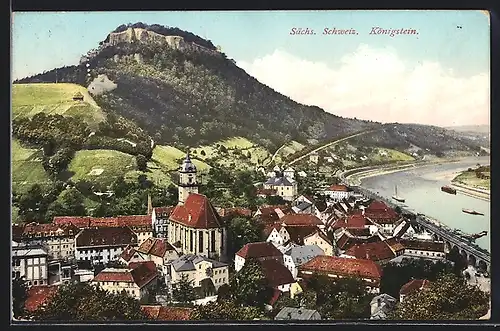 AK Königstein (sächs. Schweiz), Gesamtansicht mit der Elbe