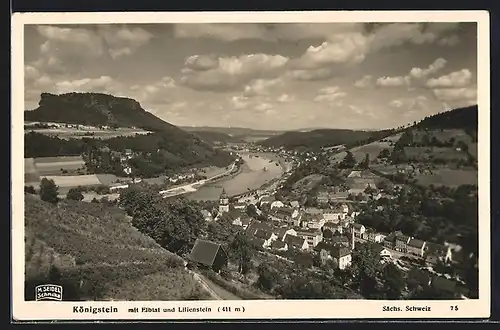 AK Königstein / Elbe, Ortsansicht mit Elbtal und Lilienstein