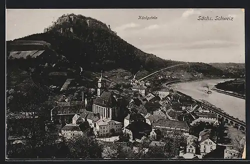 AK Königstein / Elbe, Ortsansicht mit Kirche und Elbe