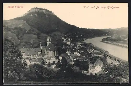 AK Königstein / Elbe, Ortsansicht an der Elbe mit Festung