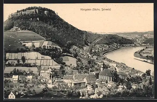 AK Königstein (Sächs Schweiz), Ortsansicht mit Feldern und Festung