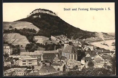 AK Königstein / Elbe, Ortsansicht mit Kirche und Festung