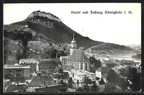 AK Königstein / Elbe, Totalansicht mit Kirche und Festung