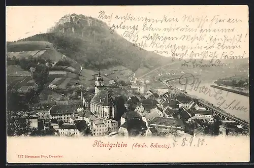 AK Königstein (Sächs. Schweiz), Ortsansicht mit Kirche aus der Vogelschau